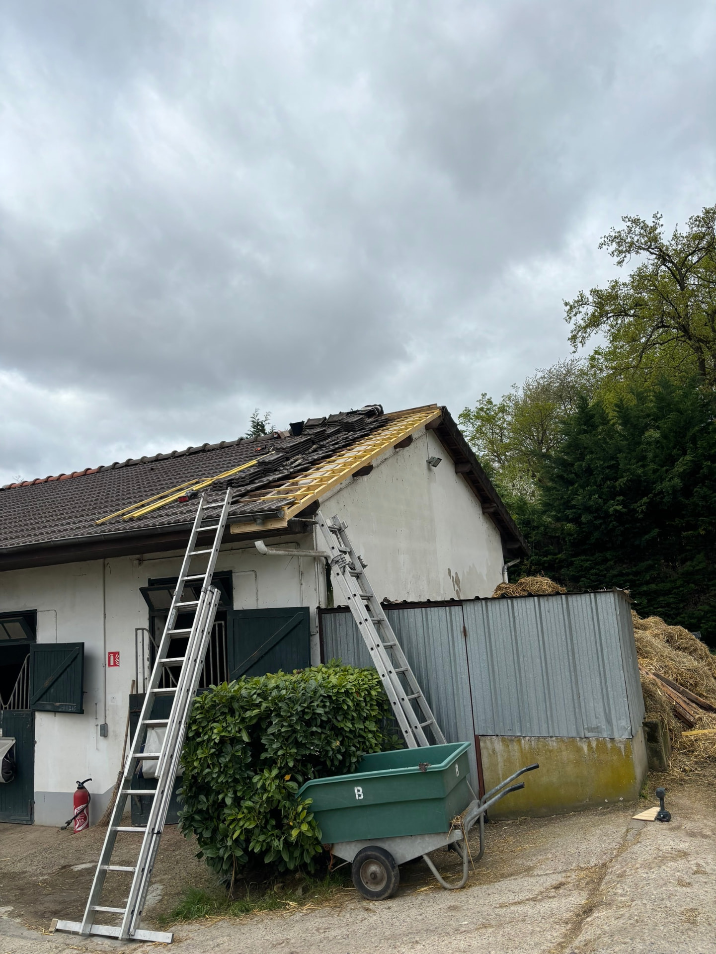 Découverture partielle d'une toiture avec liteaux neufs et échelles de couvreur