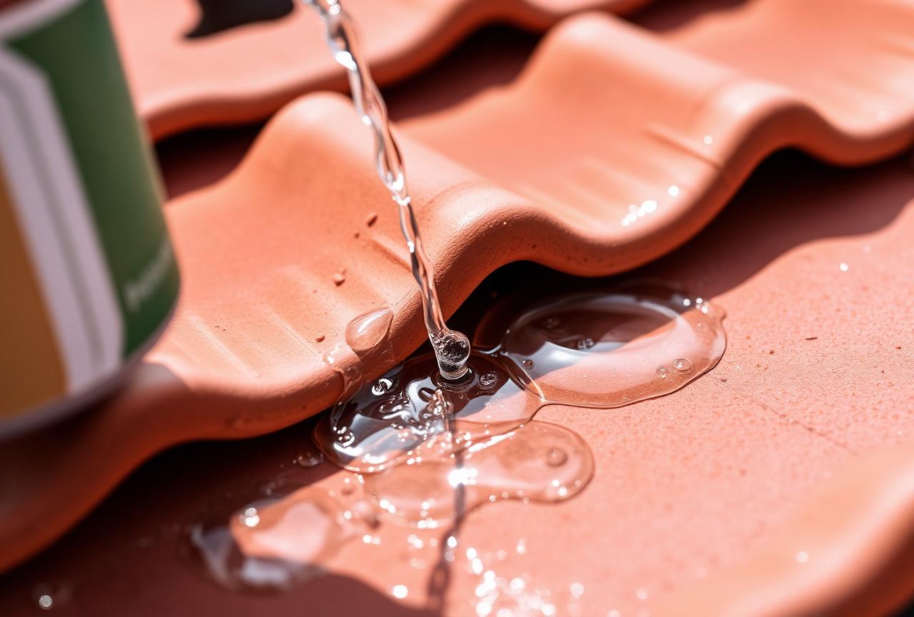 Effet perlant de l'hydrofuge : l'eau ruisselle sur une tuile traitée