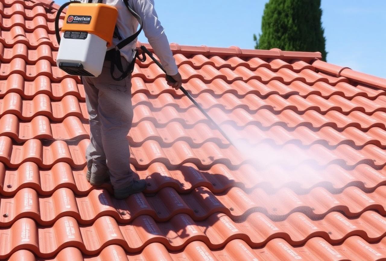 Traitement préventif Dalep 2100 appliqué au pulvérisateur sur une toiture propre